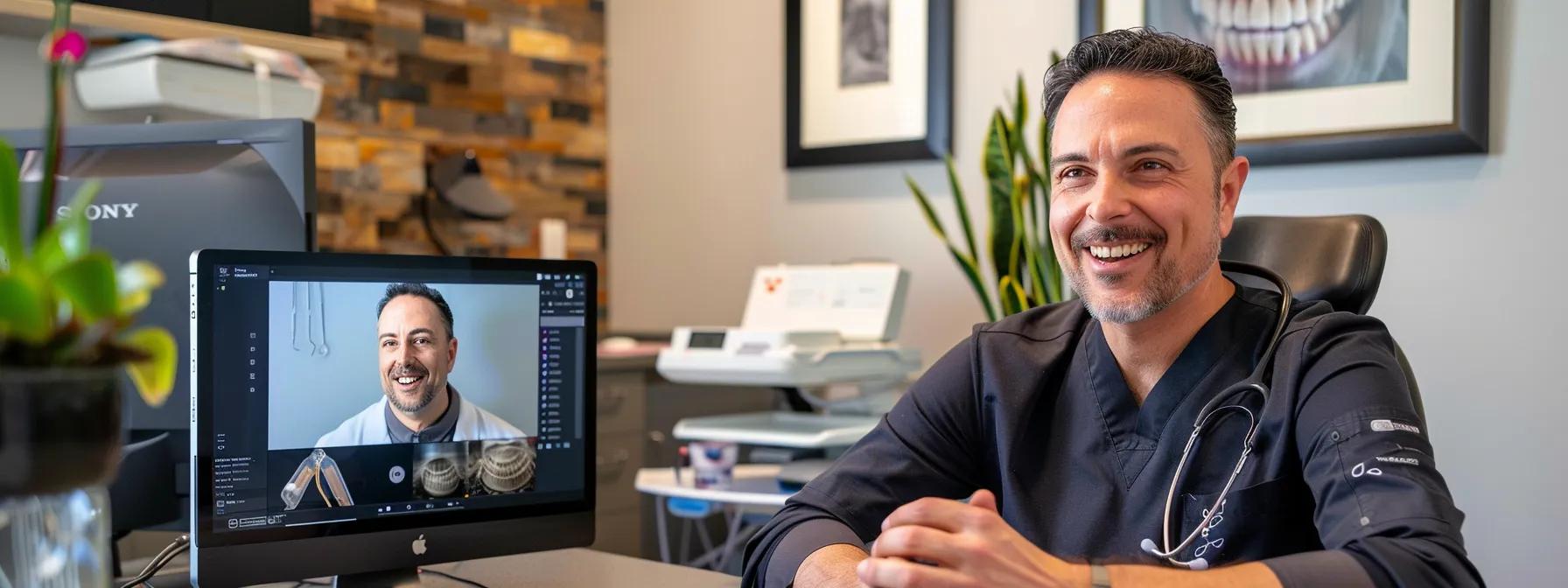 a modern dental office featuring a sleek computer setup displaying a virtual consultation interface, with a dentist and patient interacting through a high-definition video call, highlighting the innovative shift towards teledentistry in dental care.
