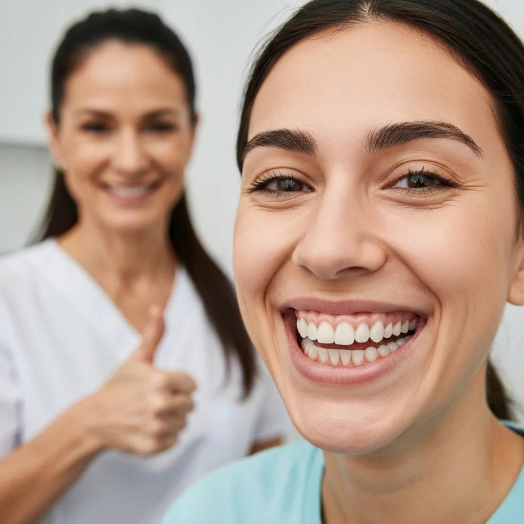 A delighted patient proudly displaying their new, complete smile after receiving immediate dental implants