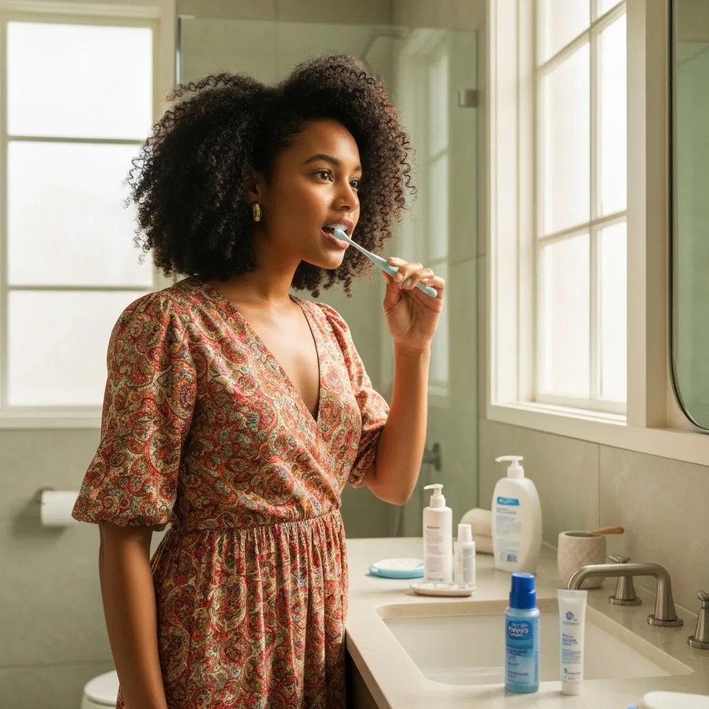 A person meticulously brushing their teeth in a bright, clean bathroom, highlighting oral hygiene for dental implants