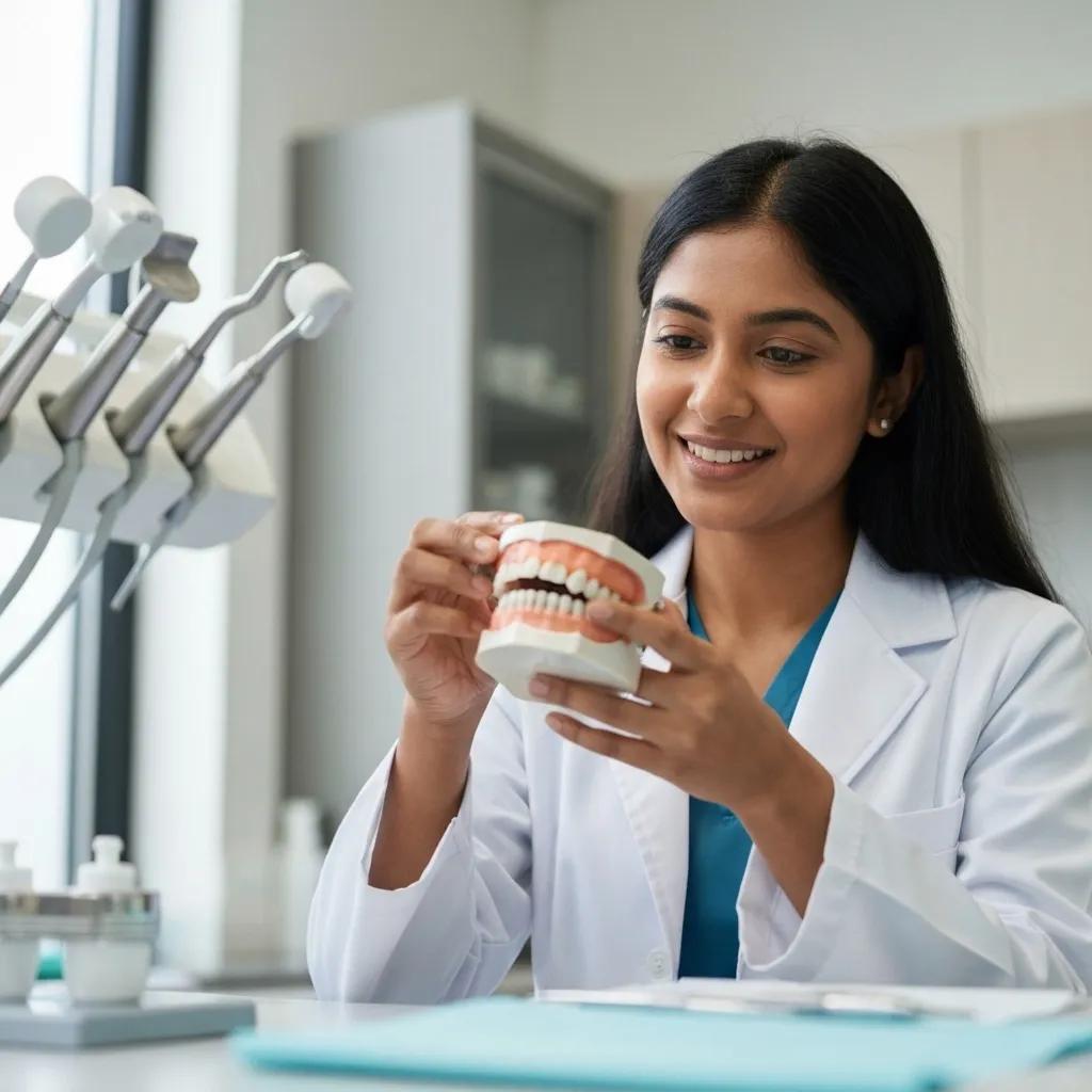 A dental professional reviewing a jawbone model to explain bone density for dental implants