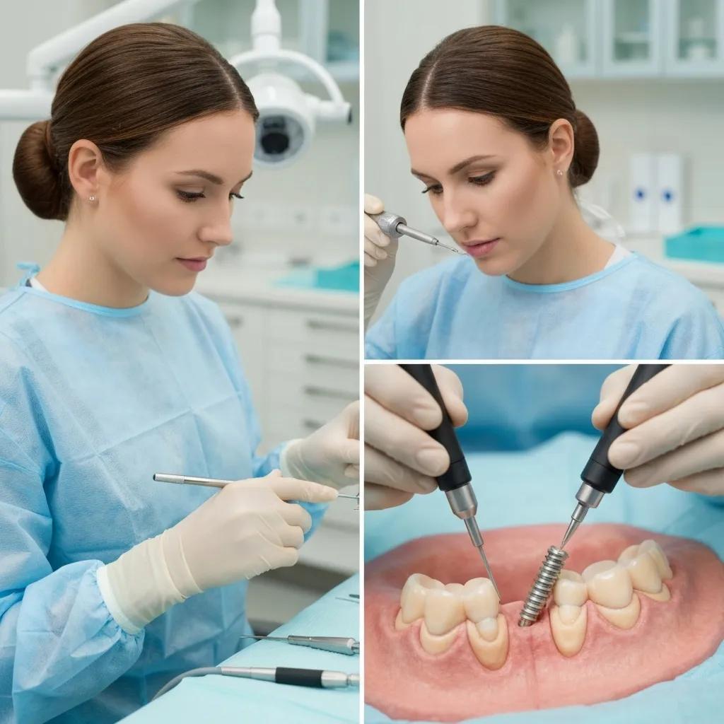A dentist carefully performing the immediate dental implant placement procedure on a patient